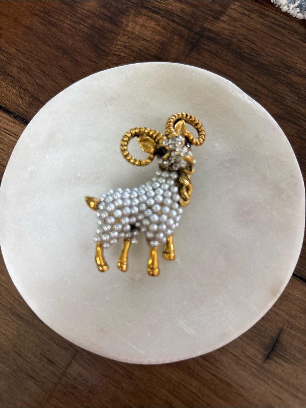 Gold-tone Ram GOAT Brooch with Pearl Accents